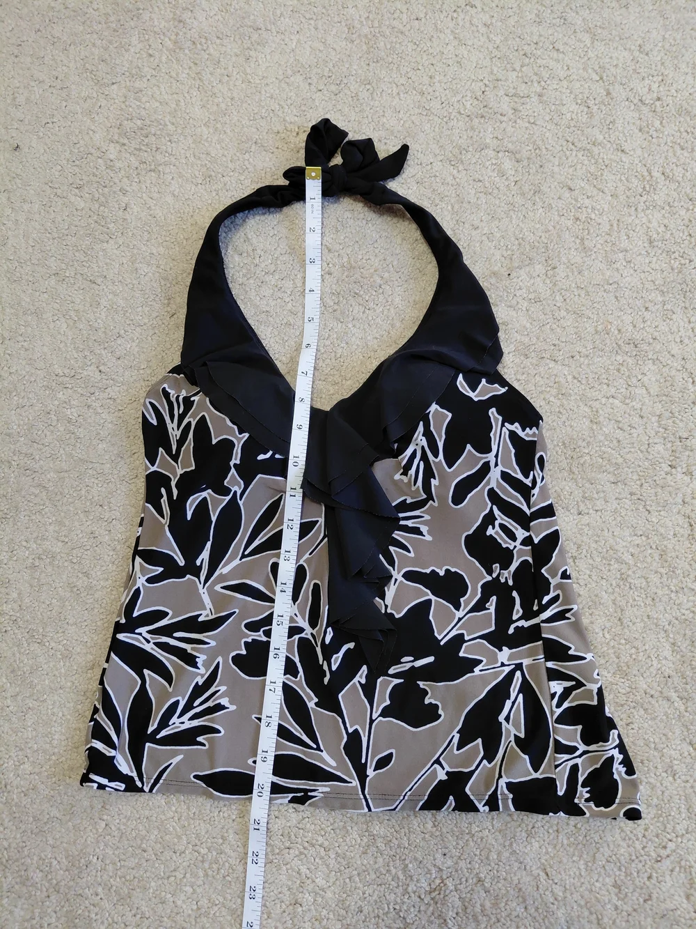 Ruffled V-Neck Floral Print Women's Swim Tank Top - Black & Taupe